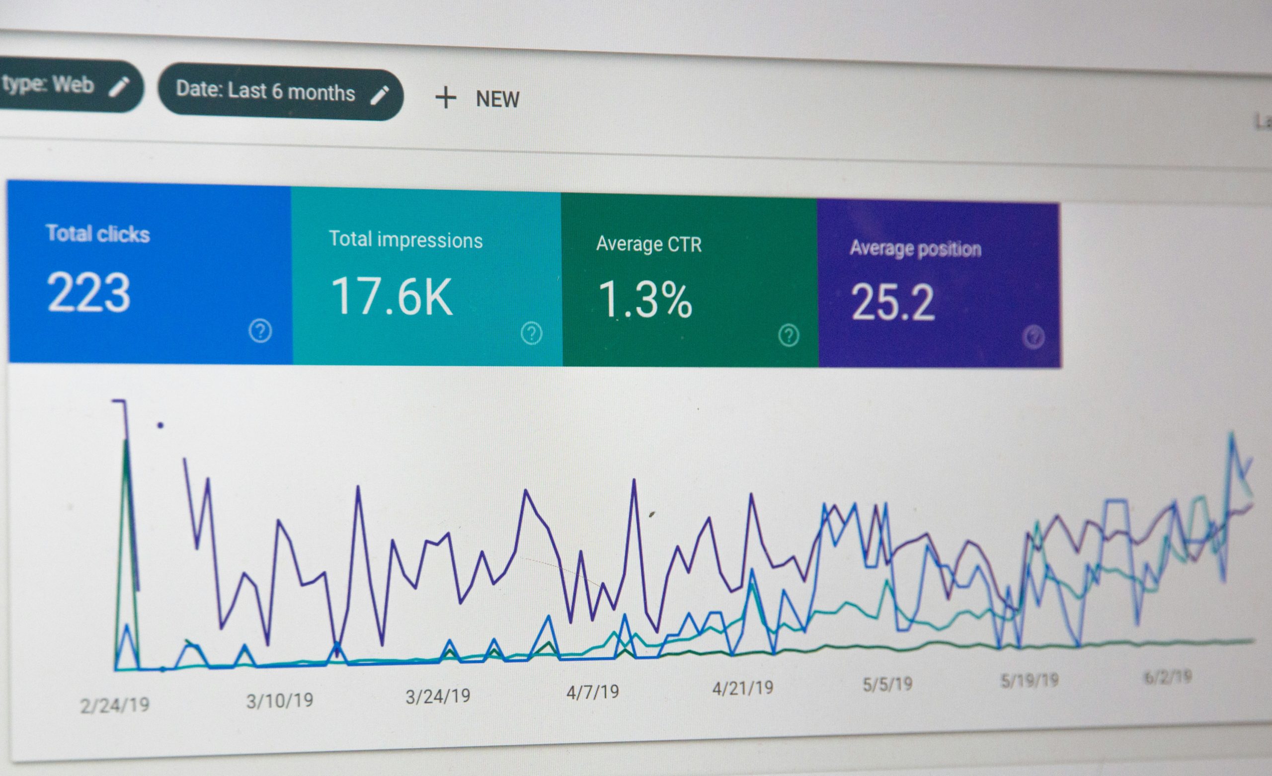 Laptop showing Google Search Console Performance dashboard